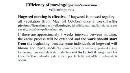 Efficiency of mowing/Pjovimo/šienavimo veiksmingumas
