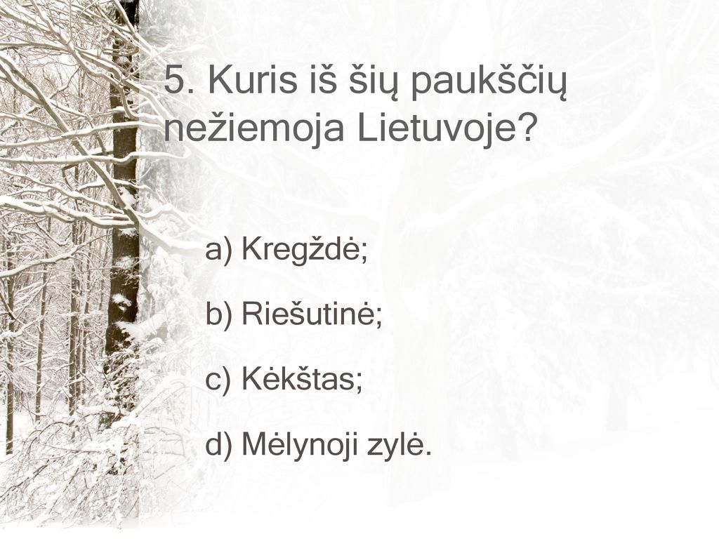 5. Kuris iš šių paukščių nežiemoja Lietuvoje