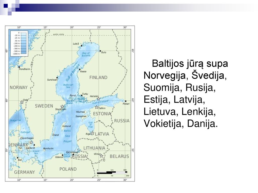 Baltijos jūrą supa Norvegija, Švedija, Suomija, Rusija, Estija, Latvija, Lietuva, Lenkija, Vokietija, Danija.