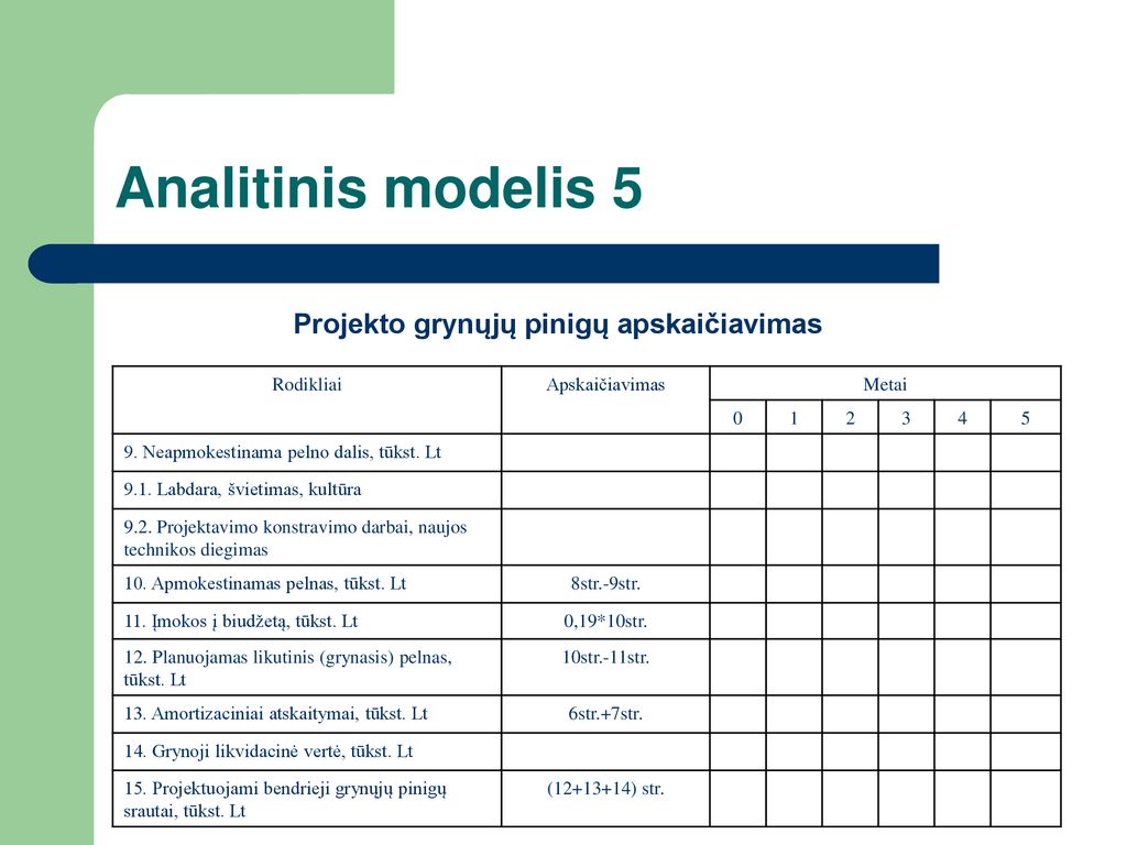 Analitinis modelis 5 Projekto grynųjų pinigų apskaičiavimas Rodikliai