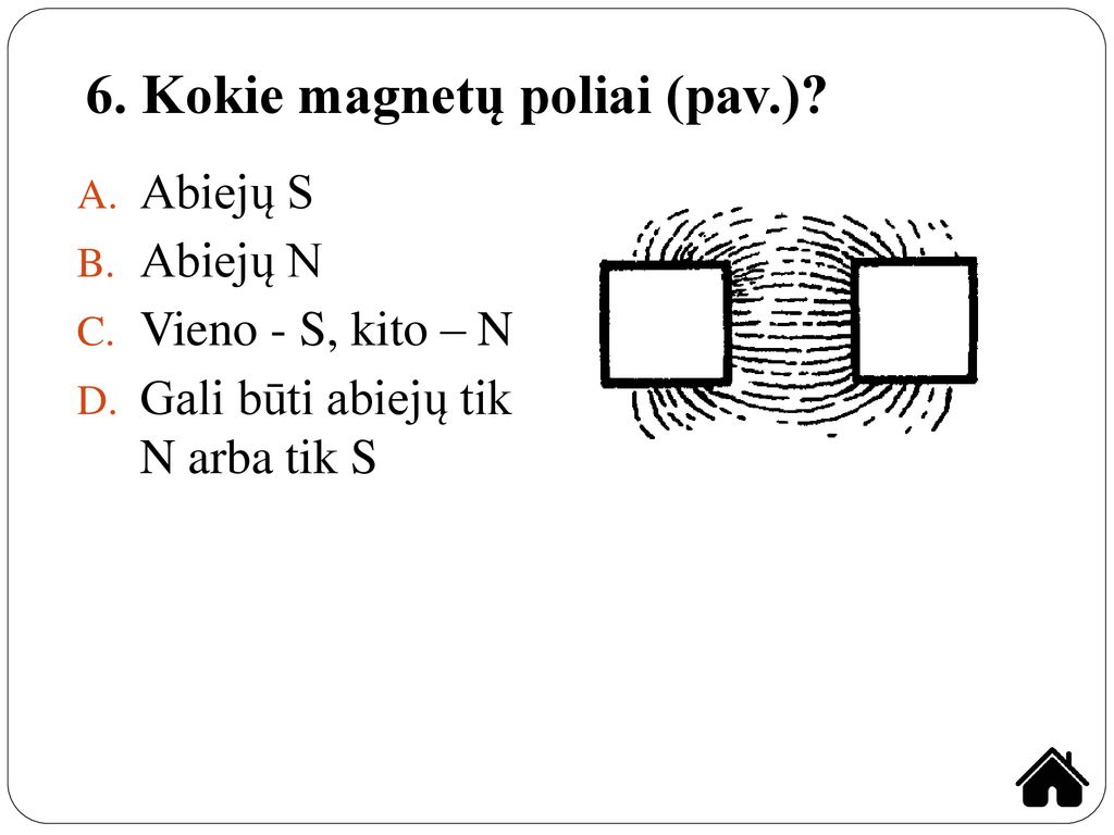 6. Kokie magnetų poliai (pav.)