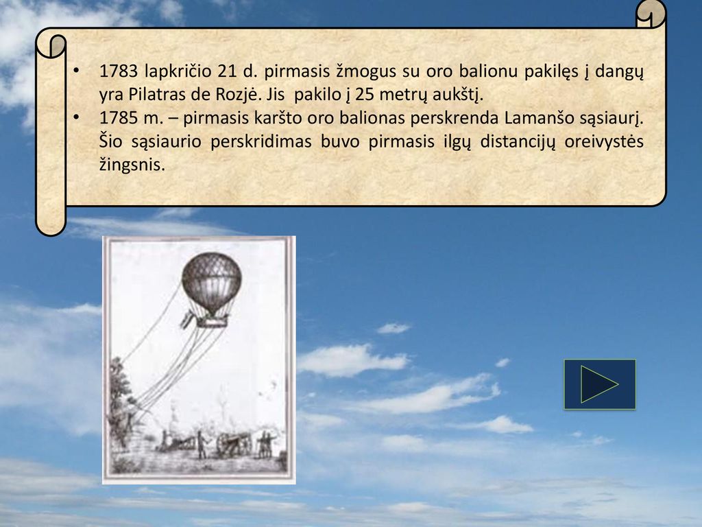 1783 lapkričio 21 d. pirmasis žmogus su oro balionu pakilęs į dangų yra Pilatras de Rozjė. Jis pakilo į 25 metrų aukštį.