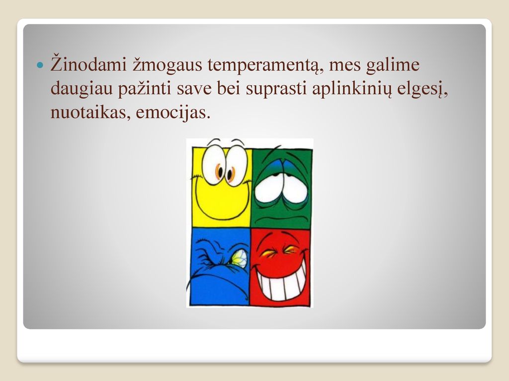 Žinodami žmogaus temperamentą, mes galime daugiau pažinti save bei suprasti aplinkinių elgesį, nuotaikas, emocijas.