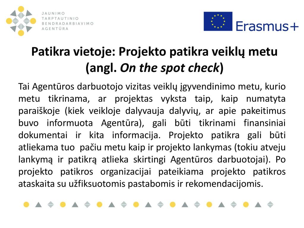 Patikra vietoje: Projekto patikra veiklų metu (angl. On the spot check)