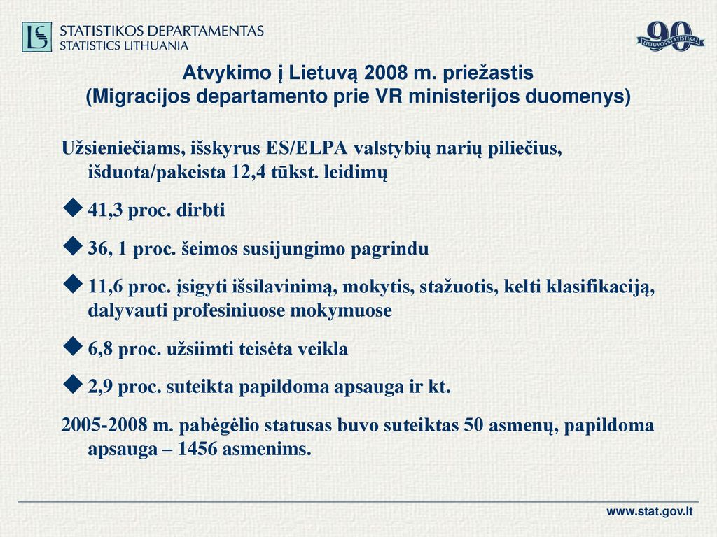 Atvykimo į Lietuvą 2008 m. priežastis (Migracijos departamento prie VR ministerijos duomenys)