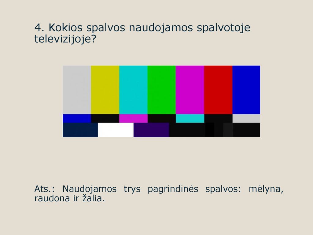 4. Kokios spalvos naudojamos spalvotoje televizijoje