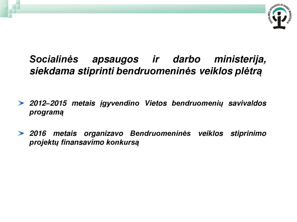 Socialinės apsaugos ir darbo ministerija, siekdama stiprinti bendruomeninės veiklos plėtrą