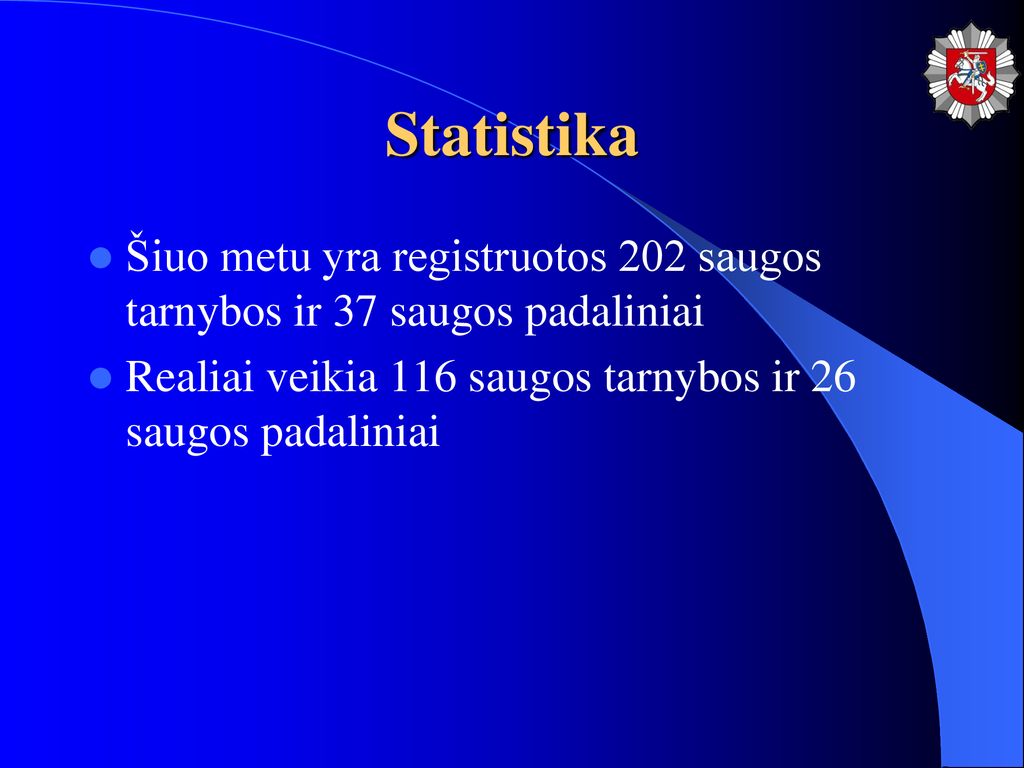 Statistika Šiuo metu yra registruotos 202 saugos tarnybos ir 37 saugos padaliniai.