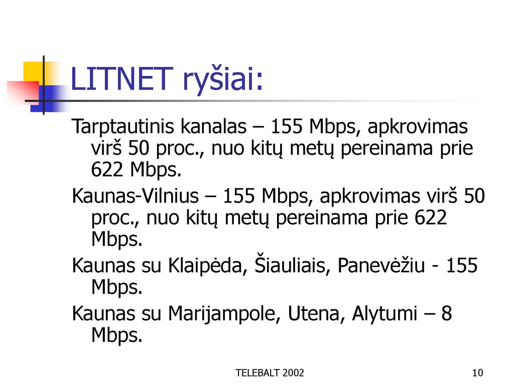 LITNET ryšiai: Tarptautinis kanalas – 155 Mbps, apkrovimas virš 50 proc., nuo kitų metų pereinama prie 622 Mbps.