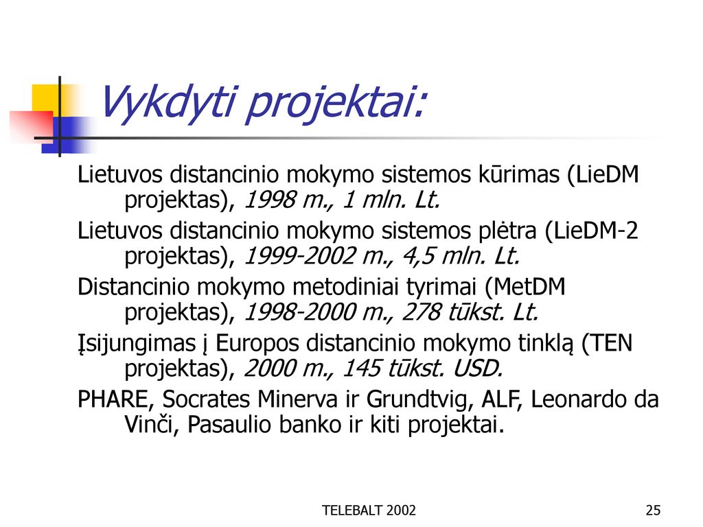 Vykdyti projektai: Lietuvos distancinio mokymo sistemos kūrimas (LieDM projektas), 1998 m., 1 mln. Lt.