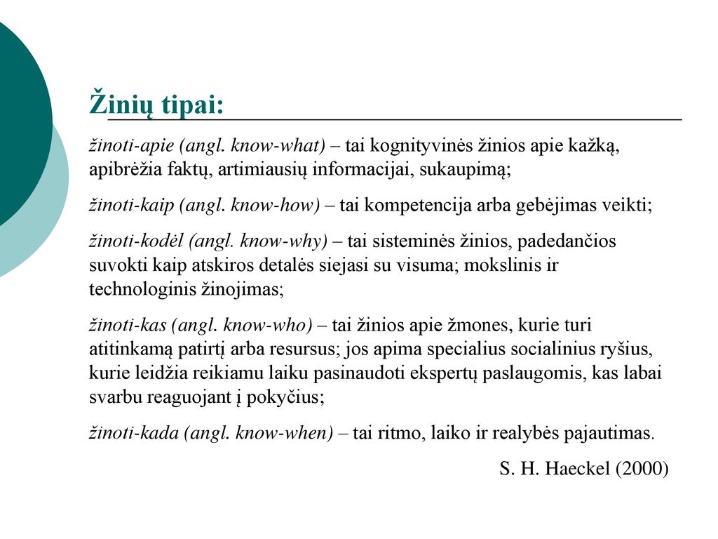 Žinių tipai: žinoti-apie (angl. know-what) – tai kognityvinės žinios apie kažką, apibrėžia faktų, artimiausių informacijai, sukaupimą;