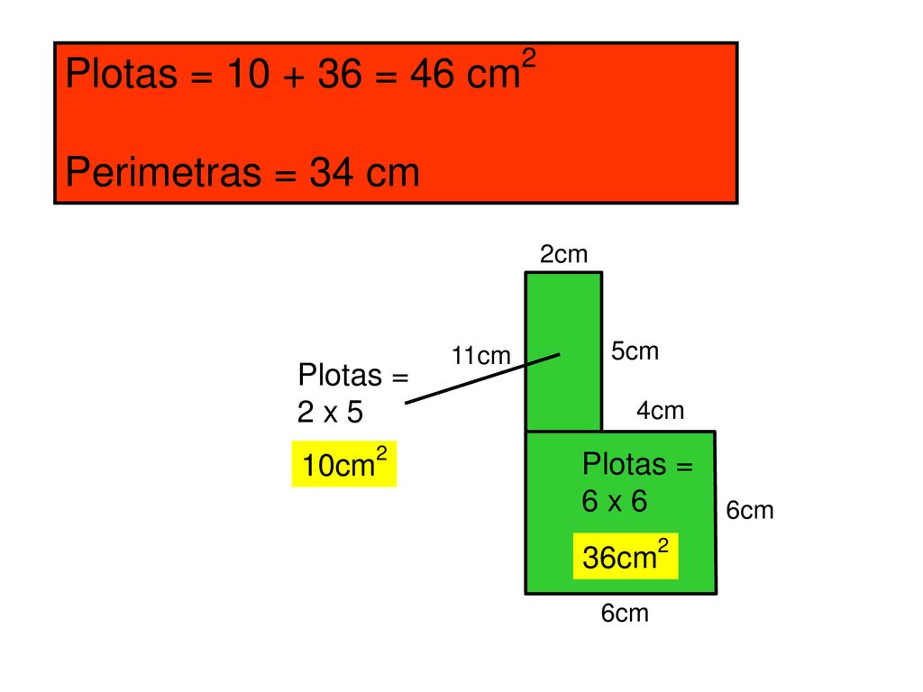 Plotas = = 46 cm2 Perimetras = 34 cm Plotas = 2 x 5 10cm2