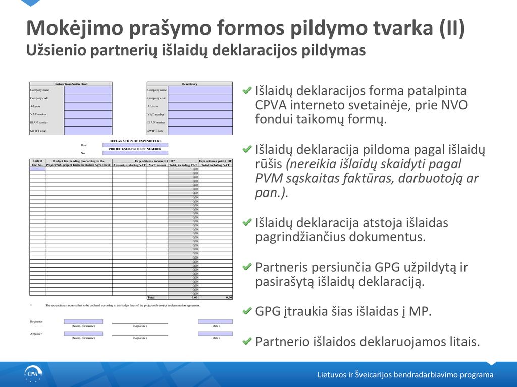 Mokėjimo prašymo formos pildymo tvarka (II) Užsienio partnerių išlaidų deklaracijos pildymas