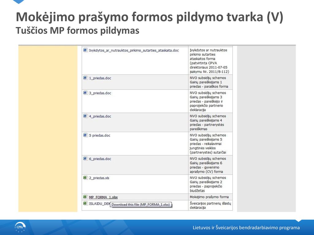 Mokėjimo prašymo formos pildymo tvarka (V) Tuščios MP formos pildymas