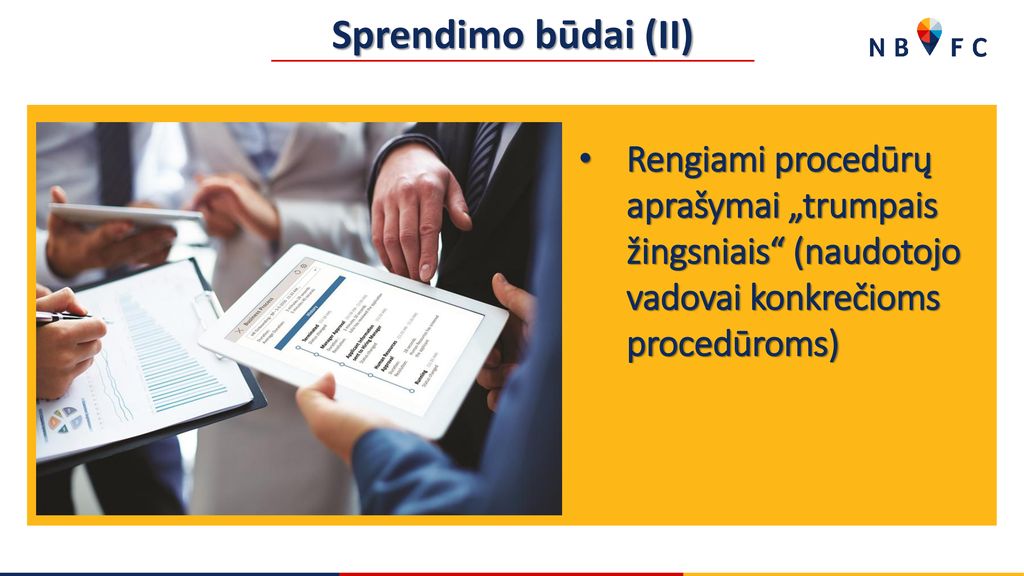 Sprendimo būdai (II) Rengiami procedūrų aprašymai „trumpais žingsniais (naudotojo vadovai konkrečioms procedūroms)