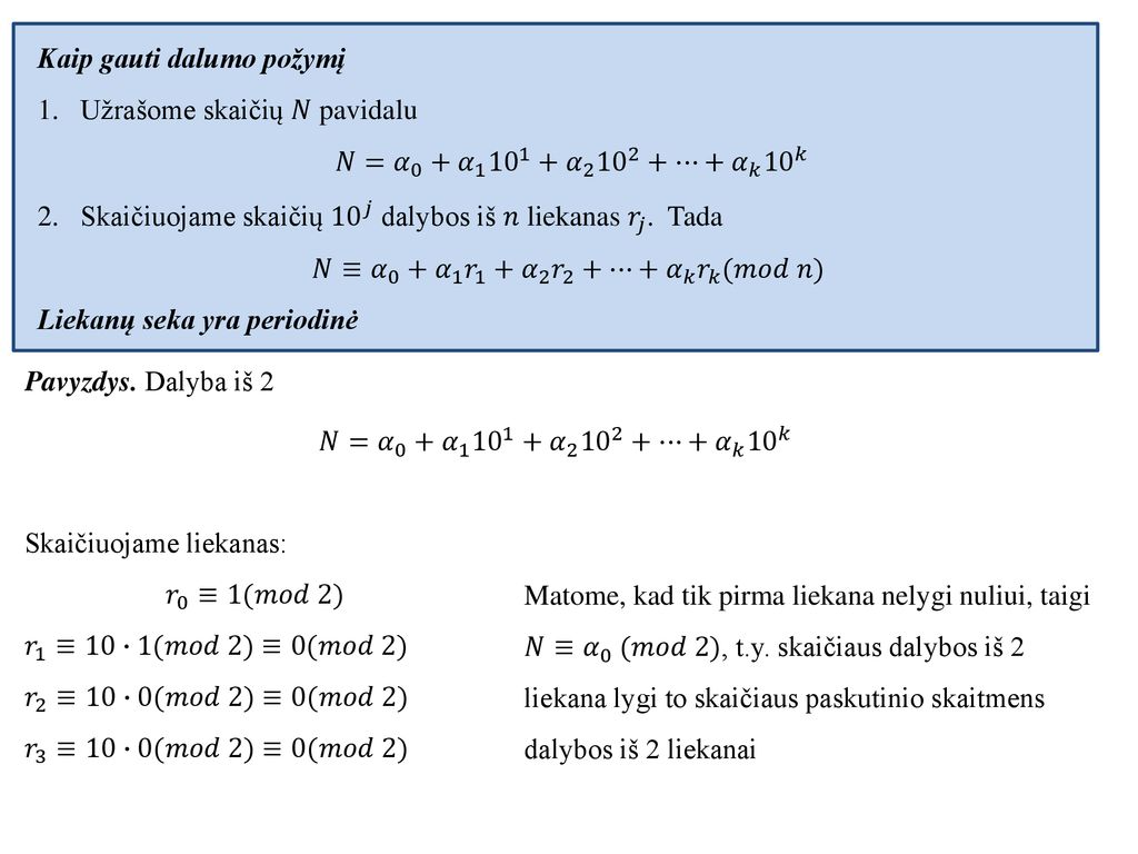𝑁≡ 𝛼 0 + 𝛼 1 𝑟 1 + 𝛼 2 𝑟 2 +…+ 𝛼 𝑘 𝑟 𝑘 (𝑚𝑜𝑑 𝑛)