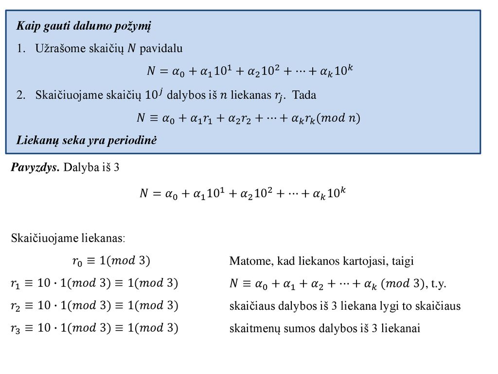 𝑁≡ 𝛼 0 + 𝛼 1 𝑟 1 + 𝛼 2 𝑟 2 +…+ 𝛼 𝑘 𝑟 𝑘 (𝑚𝑜𝑑 𝑛)