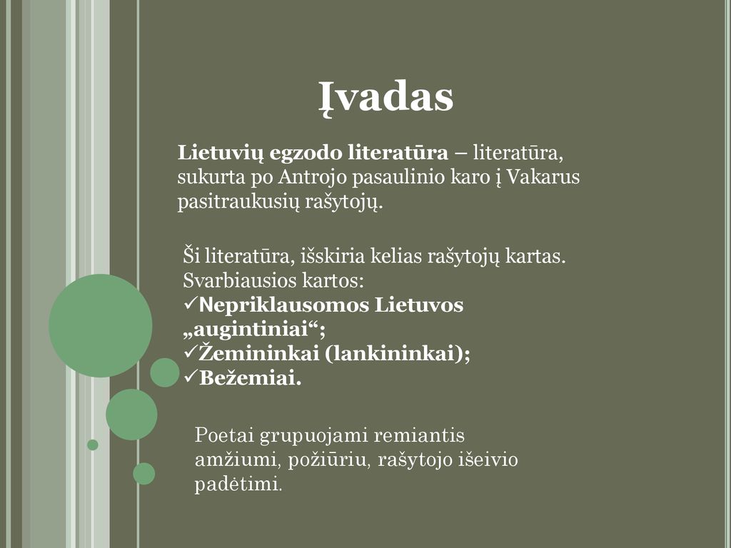 Įvadas Lietuvių egzodo literatūra – literatūra, sukurta po Antrojo pasaulinio karo į Vakarus pasitraukusių rašytojų.