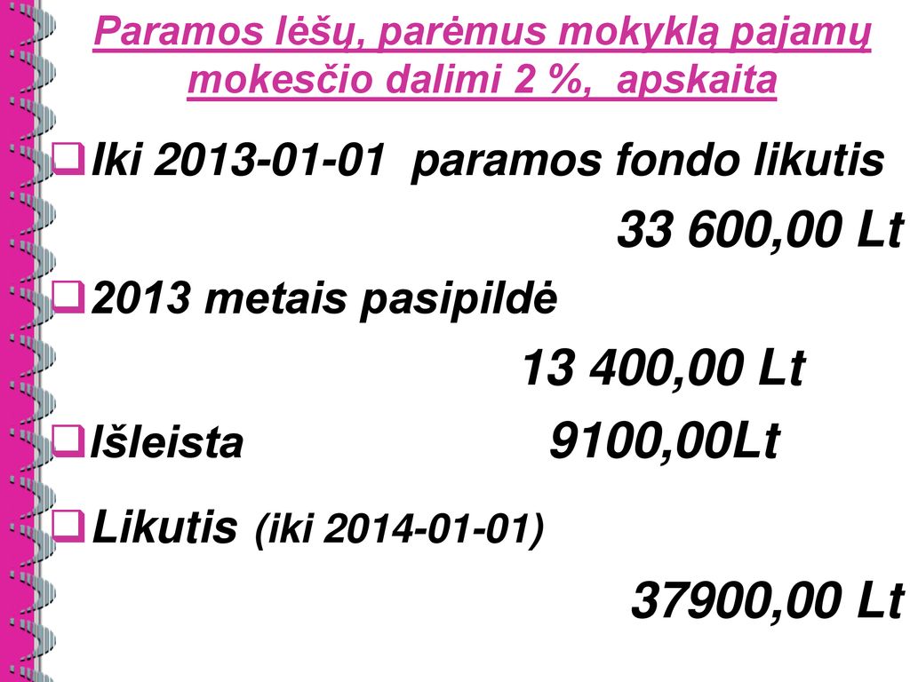 Paramos lėšų, parėmus mokyklą pajamų mokesčio dalimi 2 %, apskaita