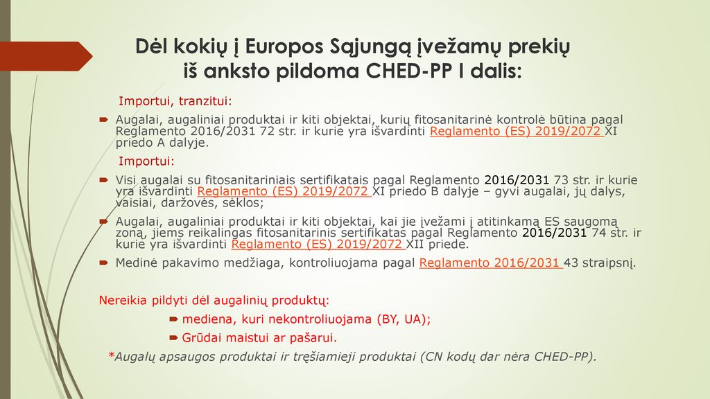 Dėl kokių į Europos Sąjungą įvežamų prekių iš anksto pildoma CHED-PP I dalis: