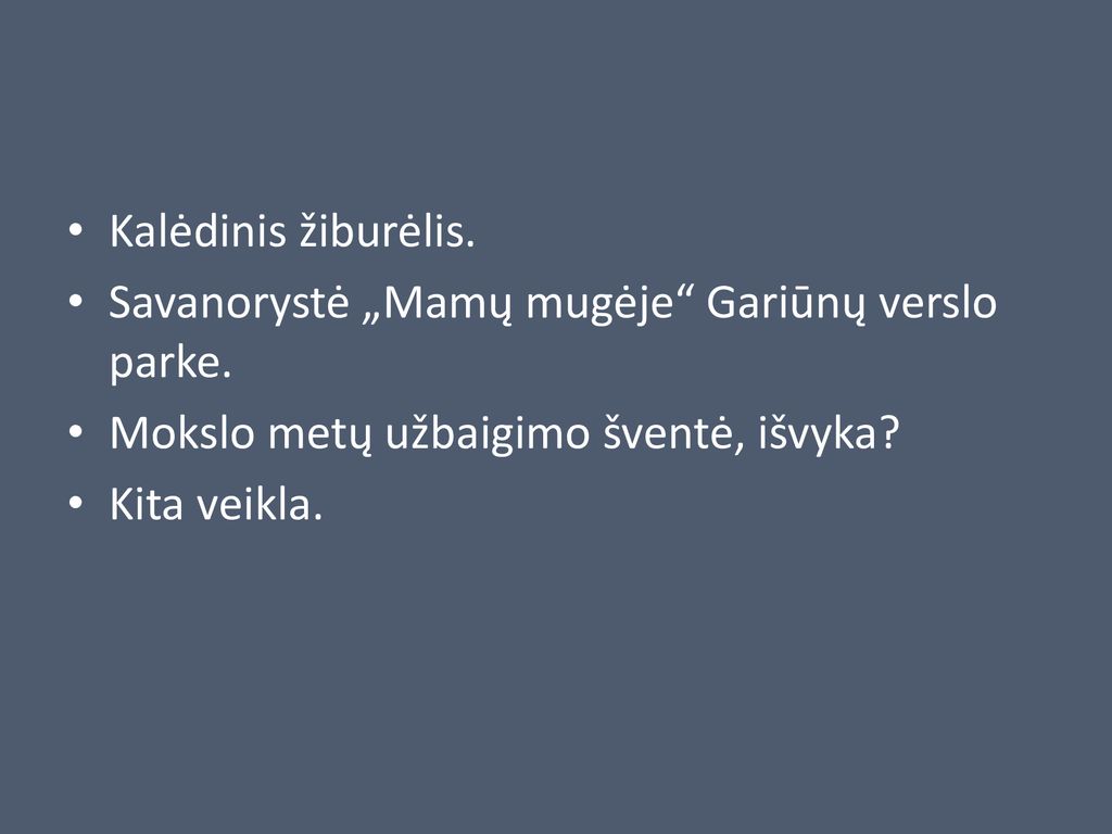 Kalėdinis žiburėlis. Savanorystė „Mamų mugėje Gariūnų verslo parke. Mokslo metų užbaigimo šventė, išvyka