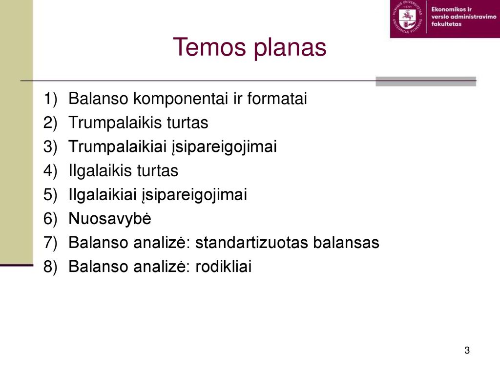 Apie ką kalbėsime Temos planas Balanso komponentai ir formatai