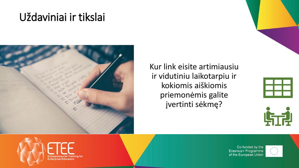 Uždaviniai ir tikslai Kur link eisite artimiausiu ir vidutiniu laikotarpiu ir kokiomis aiškiomis priemonėmis galite įvertinti sėkmę
