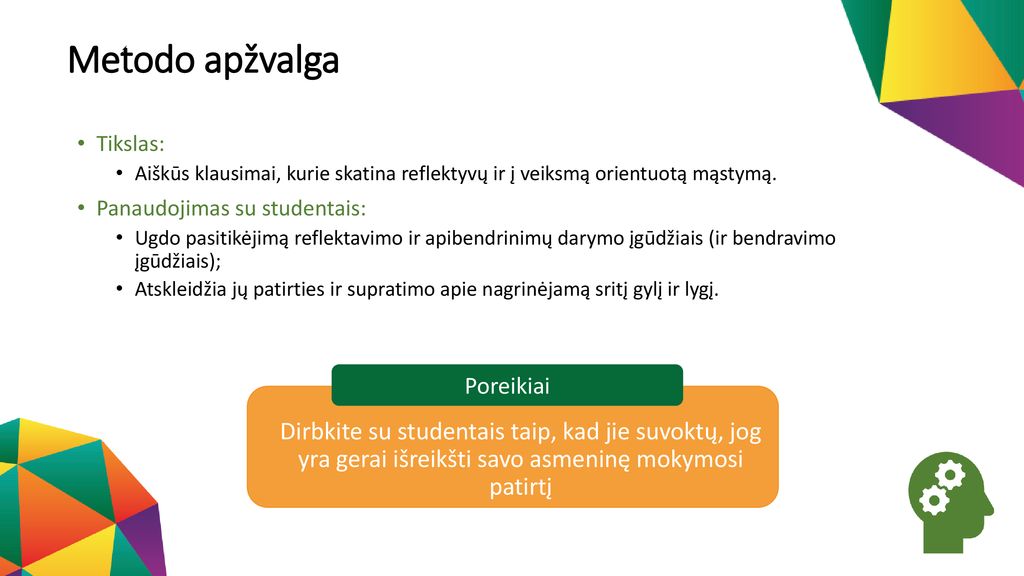 Metodo apžvalga Tikslas: Aiškūs klausimai, kurie skatina reflektyvų ir į veiksmą orientuotą mąstymą.