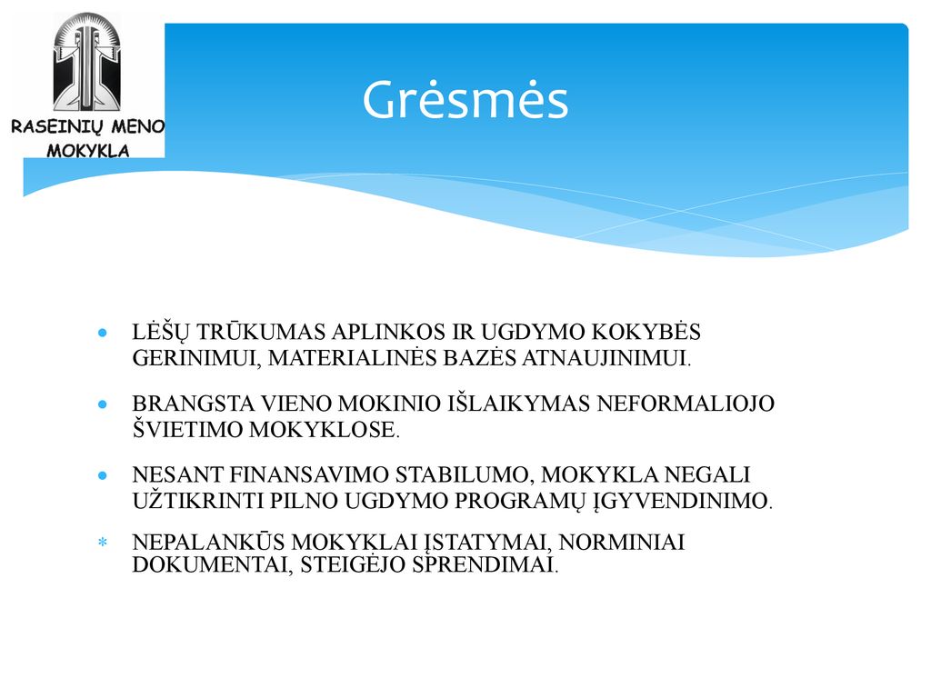 Grėsmės LĖŠŲ TRŪKUMAS APLINKOS IR UGDYMO KOKYBĖS GERINIMUI, MATERIALINĖS BAZĖS ATNAUJINIMUI.