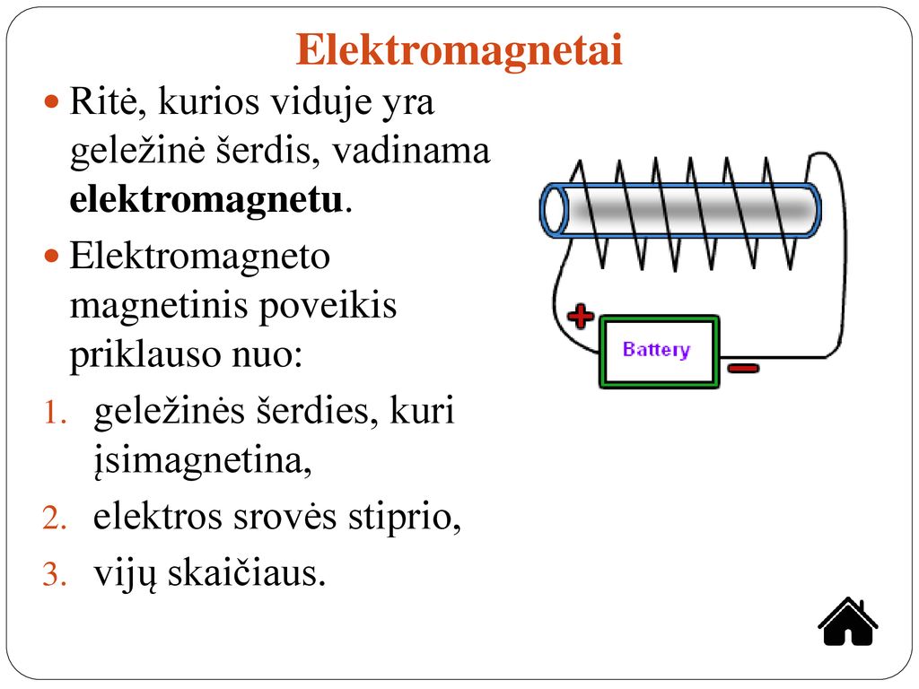 Elektromagnetai Ritė, kurios viduje yra geležinė šerdis, vadinama elektromagnetu. Elektromagneto magnetinis poveikis priklauso nuo: