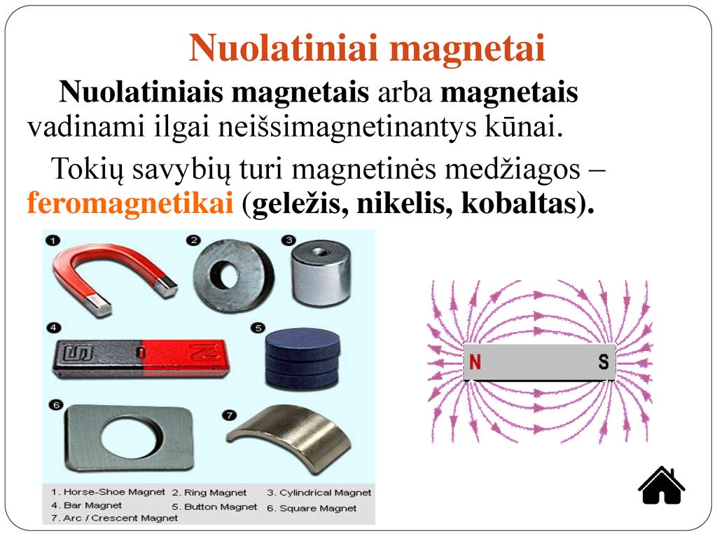 Nuolatiniai magnetai Nuolatiniais magnetais arba magnetais vadinami ilgai neišsimagnetinantys kūnai.