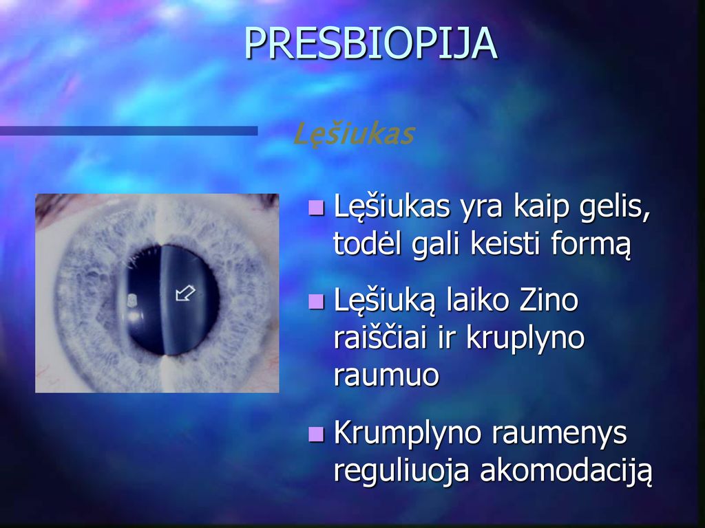 PRESBIOPIJA Lęšiukas yra kaip gelis, todėl gali keisti formą