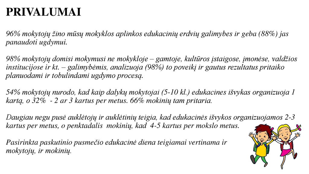 PRIVALUMAI 96% mokytojų žino mūsų mokyklos aplinkos edukacinių erdvių galimybes ir geba (88%) jas panaudoti ugdymui.