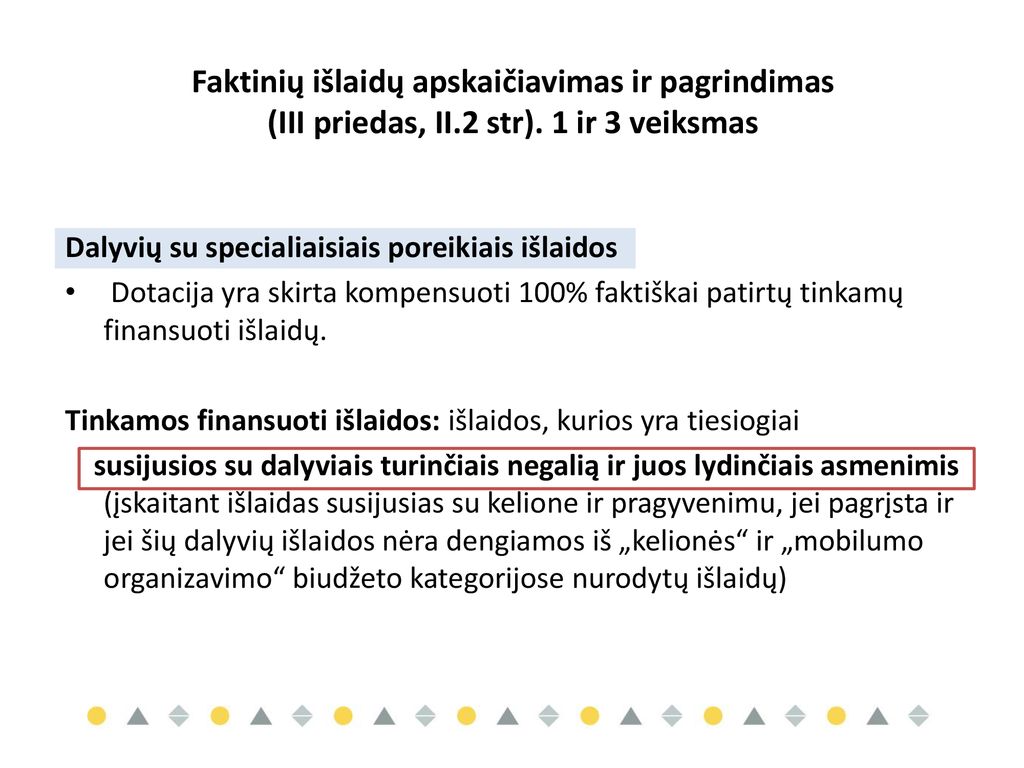Faktinių išlaidų apskaičiavimas ir pagrindimas (III priedas, II.2 str). 1 ir 3 veiksmas