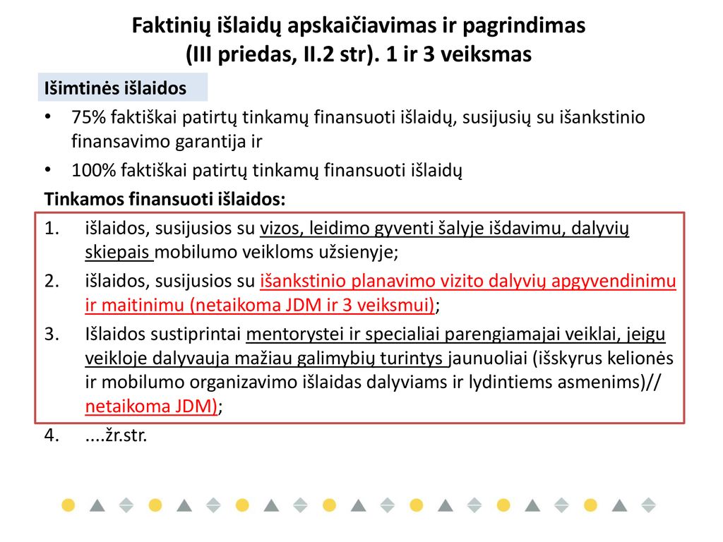 Faktinių išlaidų apskaičiavimas ir pagrindimas (III priedas, II.2 str). 1 ir 3 veiksmas