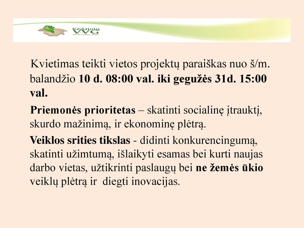 Kvietimas teikti vietos projektų paraiškas nuo š/m. balandžio 10 d