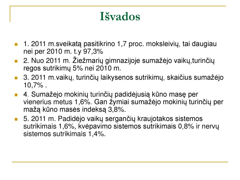Išvados m.sveikatą pasitikrino 1,7 proc. moksleivių, tai daugiau nei per 2010 m. t.y 97,3%