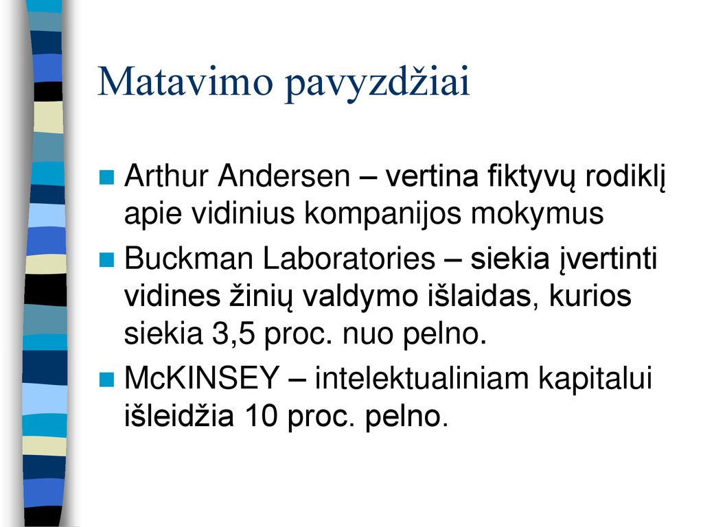 Matavimo pavyzdžiai Arthur Andersen – vertina fiktyvų rodiklį apie vidinius kompanijos mokymus.