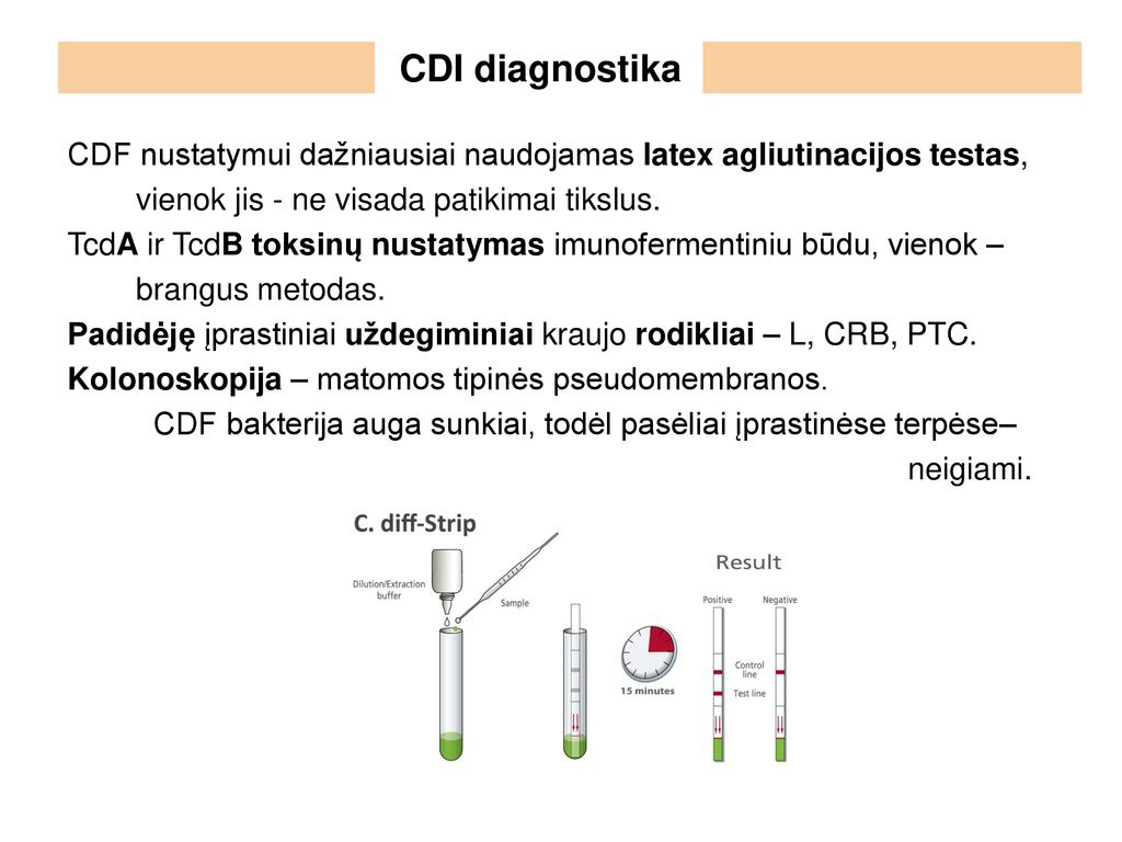 CDI diagnostika CDF nustatymui dažniausiai naudojamas latex agliutinacijos testas, vienok jis - ne visada patikimai tikslus.