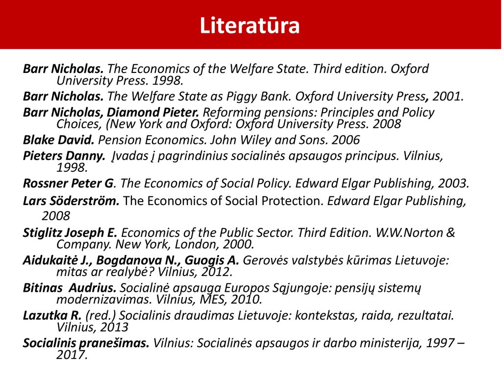Literatūra Barr Nicholas. The Economics of the Welfare State. Third edition. Oxford University Press