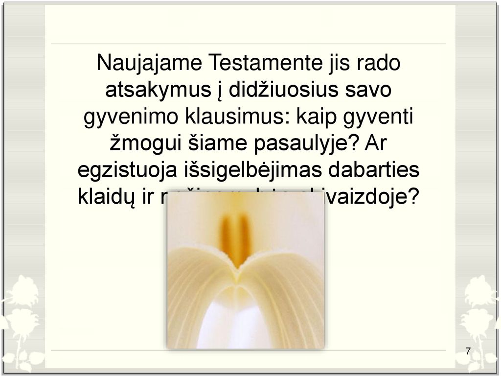 Naujajame Testamente jis rado atsakymus į didžiuosius savo gyvenimo klausimus: kaip gyventi žmogui šiame pasaulyje.