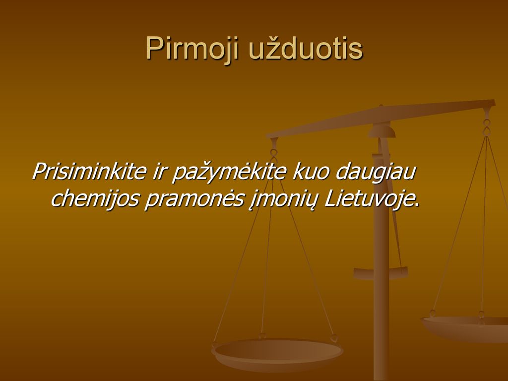 Pirmoji užduotis Prisiminkite ir pažymėkite kuo daugiau chemijos pramonės įmonių Lietuvoje.