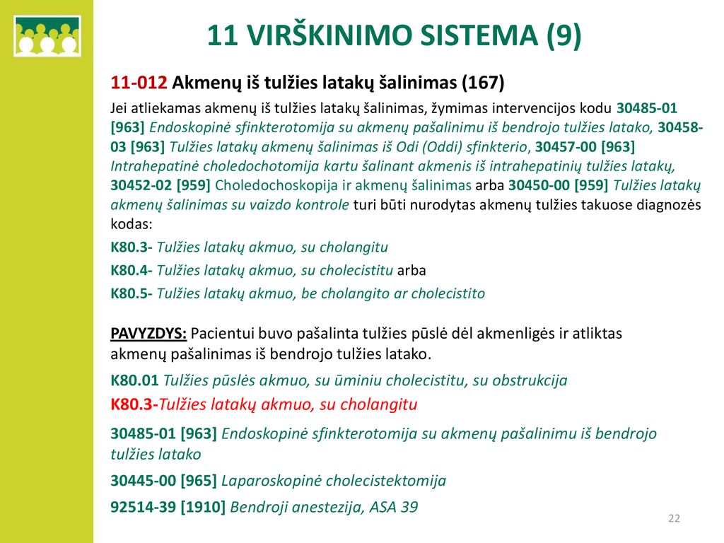 11 VIRŠKINIMO SISTEMA (9) Akmenų iš tulžies latakų šalinimas (167)