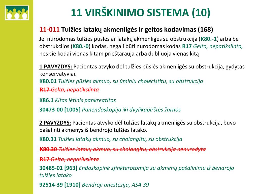 11 VIRŠKINIMO SISTEMA (10) Tulžies latakų akmenligės ir geltos kodavimas (168)