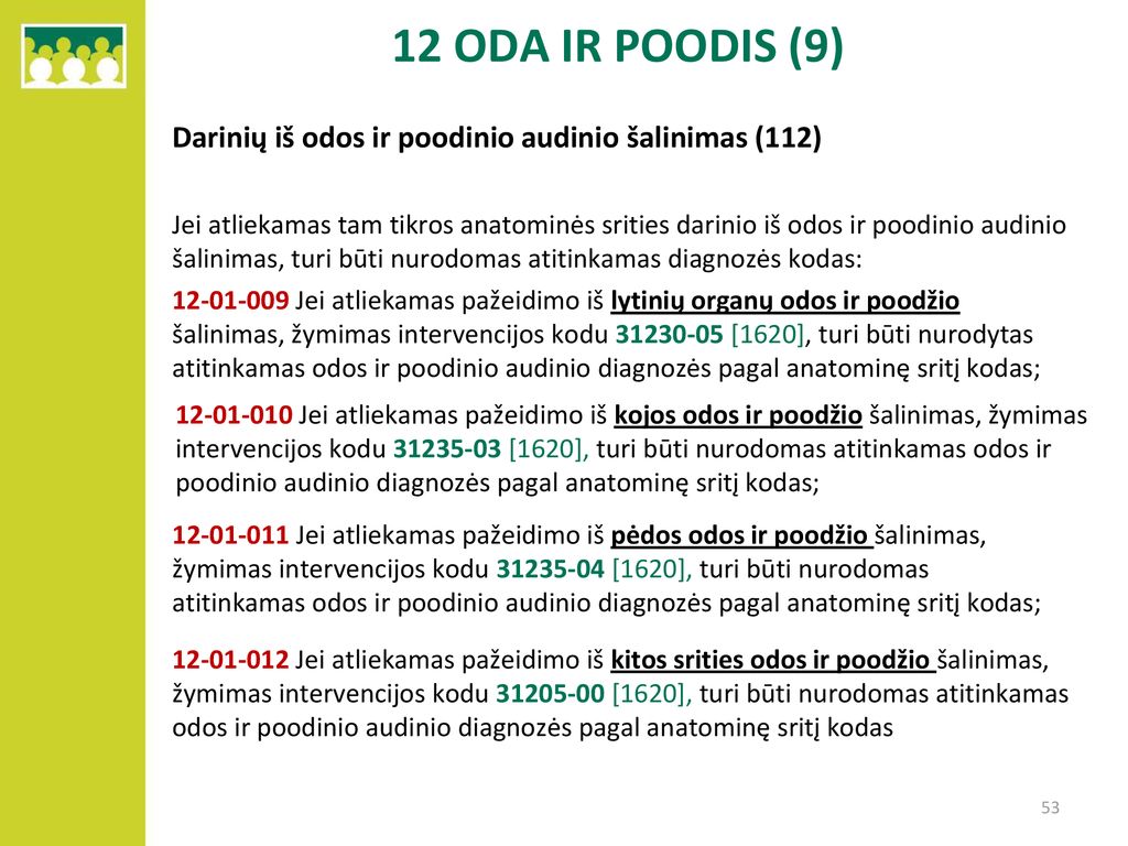 12 ODA IR POODIS (9) Darinių iš odos ir poodinio audinio šalinimas (112)
