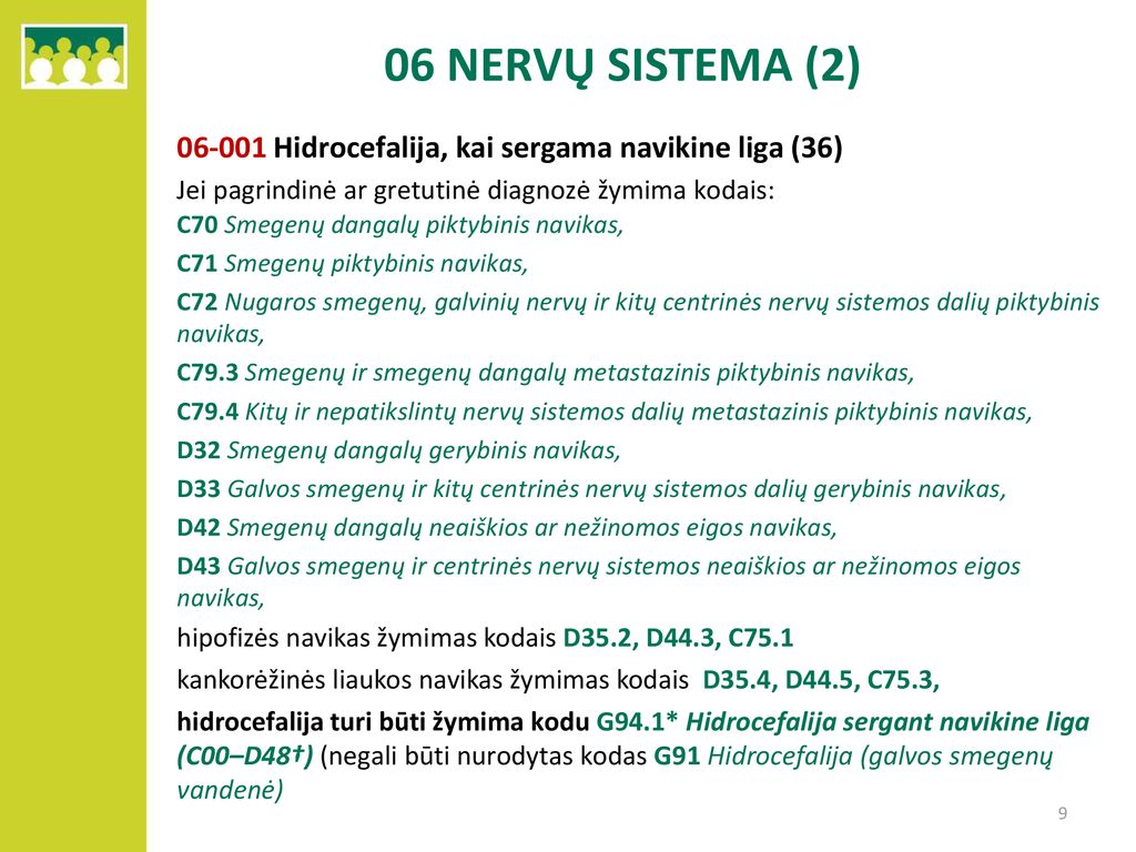 06 NERVŲ SISTEMA (2) Hidrocefalija, kai sergama navikine liga (36) Jei pagrindinė ar gretutinė diagnozė žymima kodais: