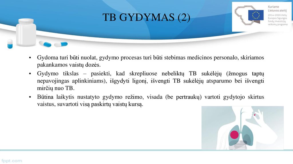 TB GYDYMAS (2) Gydoma turi būti nuolat, gydymo procesas turi būti stebimas medicinos personalo, skiriamos pakankamos vaistų dozės.