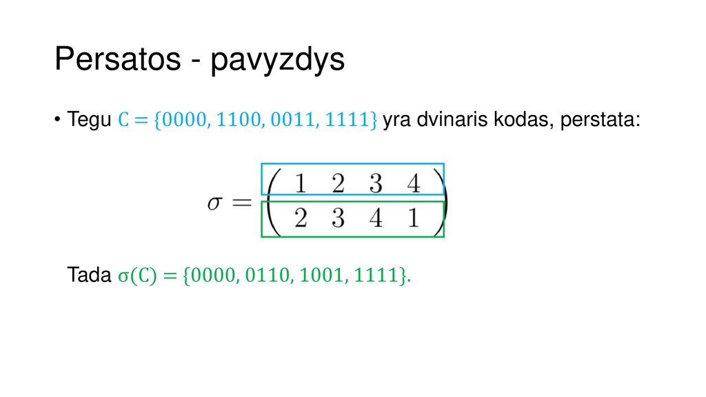 Persatos - pavyzdys Tegu C = {0000, 1100, 0011, 1111} yra dvinaris kodas, perstata: Tada σ(C) = {0000, 0110, 1001, 1111}.