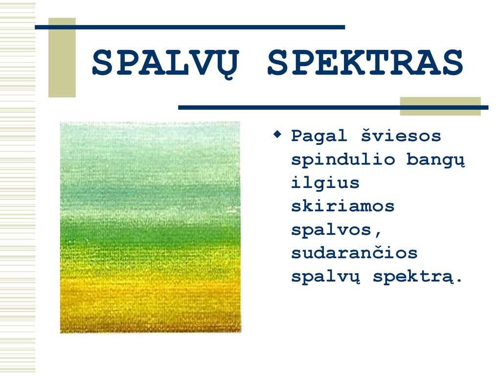SPALVŲ SPEKTRAS Pagal šviesos spindulio bangų ilgius skiriamos spalvos, sudarančios spalvų spektrą.